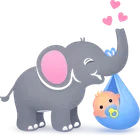 A grey elephant carrying a baby in a blue bundle.
