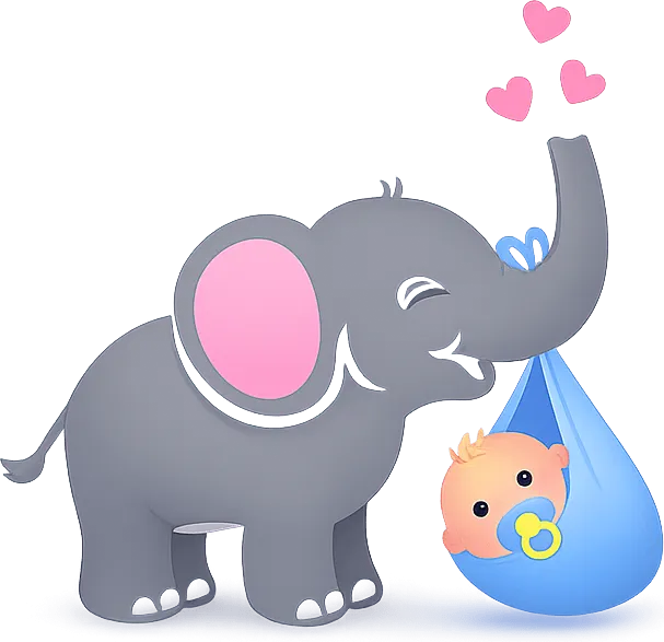 A grey elephant carrying a baby in a blue bundle, three small hearts above its trunk.