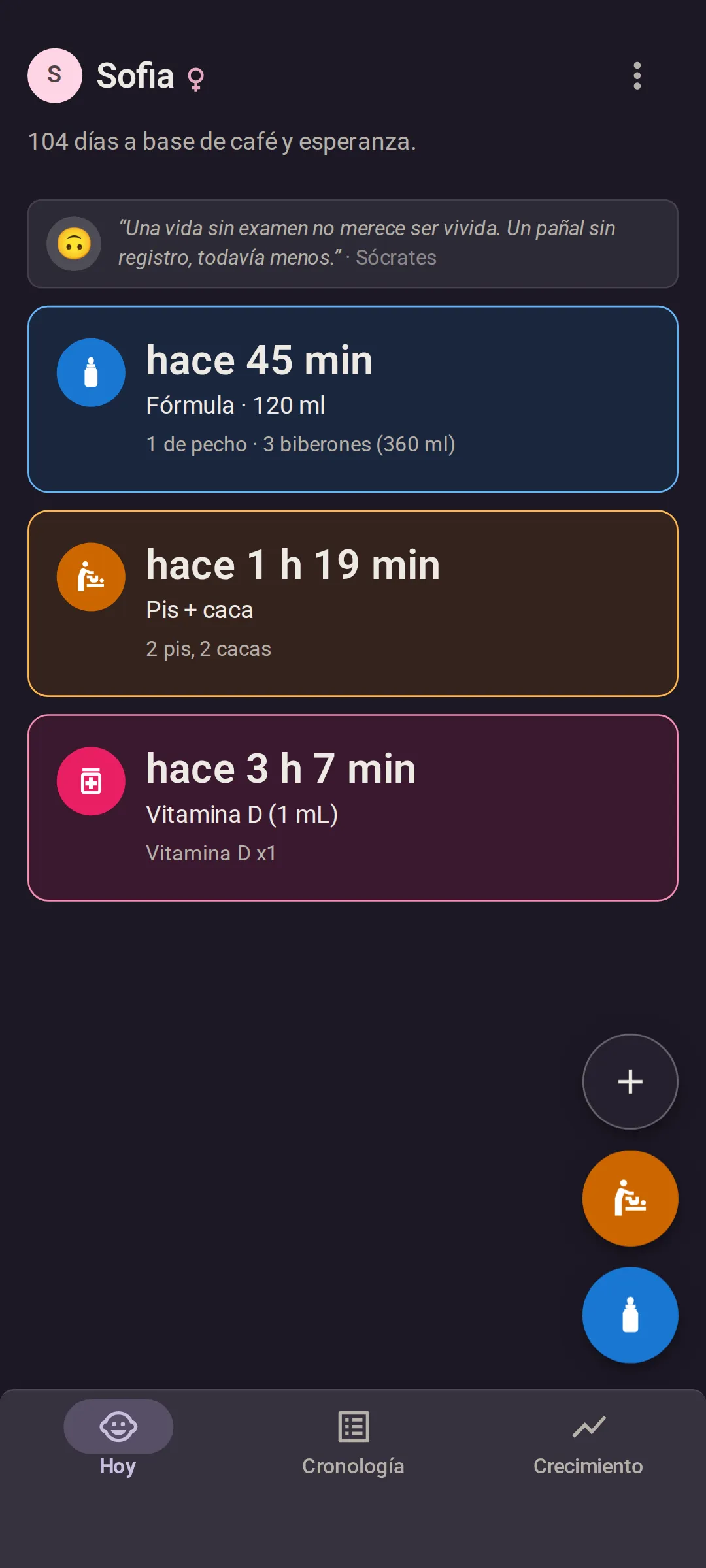 La pantalla Hoy de Bundle of Joy: última toma hace 45 minutos, fórmula 120 ml, con el total de hoy de una toma de pecho y tres biberones; último pañal hace 1 hora y 19 minutos, pis y caca, dos de cada uno hoy; último medicamento hace 3 horas y 7 minutos, vitamina D 1 mL.