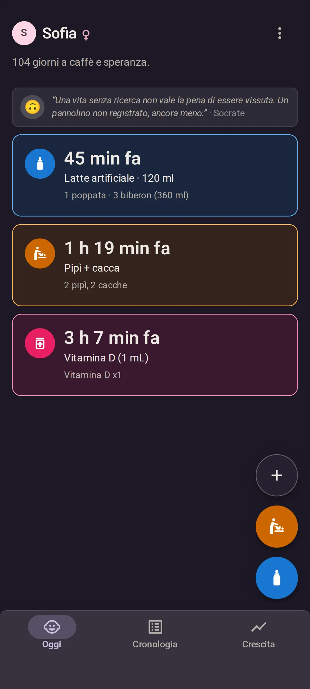 La schermata Oggi di Bundle of Joy: ultimo pasto 45 minuti fa, latte artificiale 120 ml, con i totali di oggi di un allattamento al seno e tre biberon; ultimo pannolino 1 ora e 19 minuti fa, pipì e cacca, due di ciascuna oggi; ultimo farmaco 3 ore e 7 minuti fa, vitamina D 1 mL.