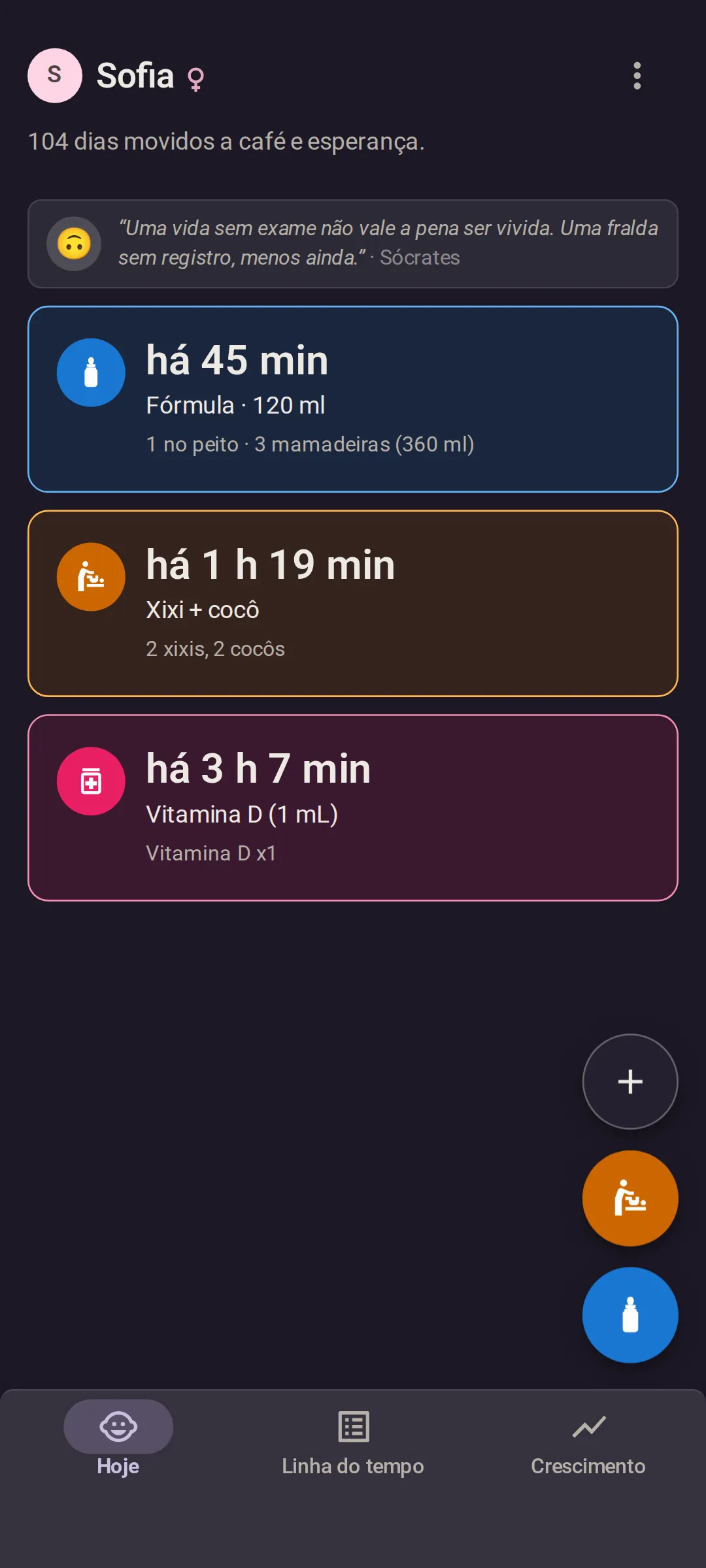 A tela Hoje do Bundle of Joy: última mamada há 45 minutos, fórmula 120 ml, com o total do dia de uma mamada no peito e três mamadeiras; última fralda há 1 hora e 19 minutos, xixi e cocô, dois de cada hoje; último remédio há 3 horas e 7 minutos, vitamina D 1 mL.