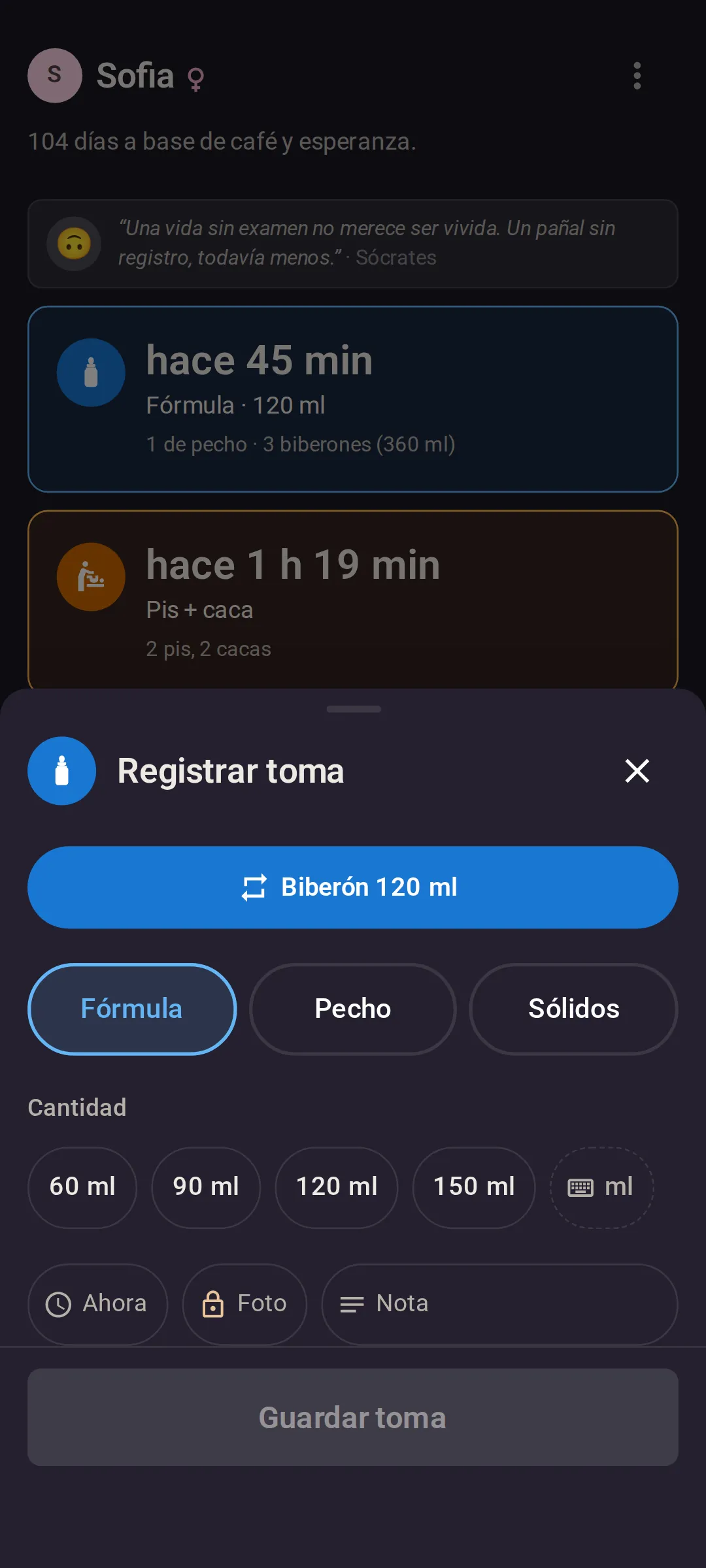 La hoja Registrar toma: un botón para repetir “Biberón 120 ml” con un toque, los selectores Fórmula, Pecho y Sólidos, y botones de cantidad de 60, 90, 120 y 150 ml.
