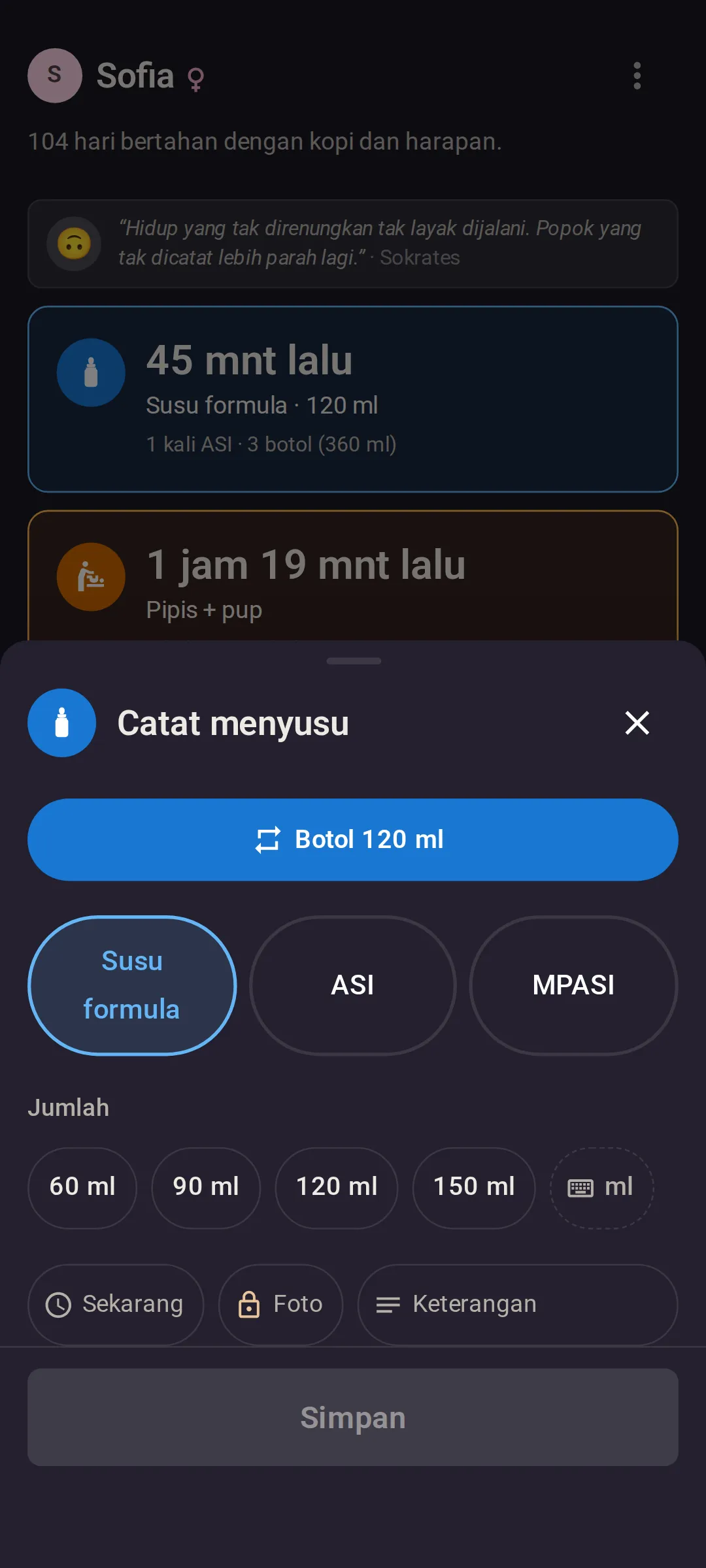 Lembar “Catat menyusu”: tombol ulang sekali ketuk “Botol 120 ml”, pilihan Susu formula, ASI, dan MPASI, serta pilihan jumlah 60, 90, 120, dan 150 ml.