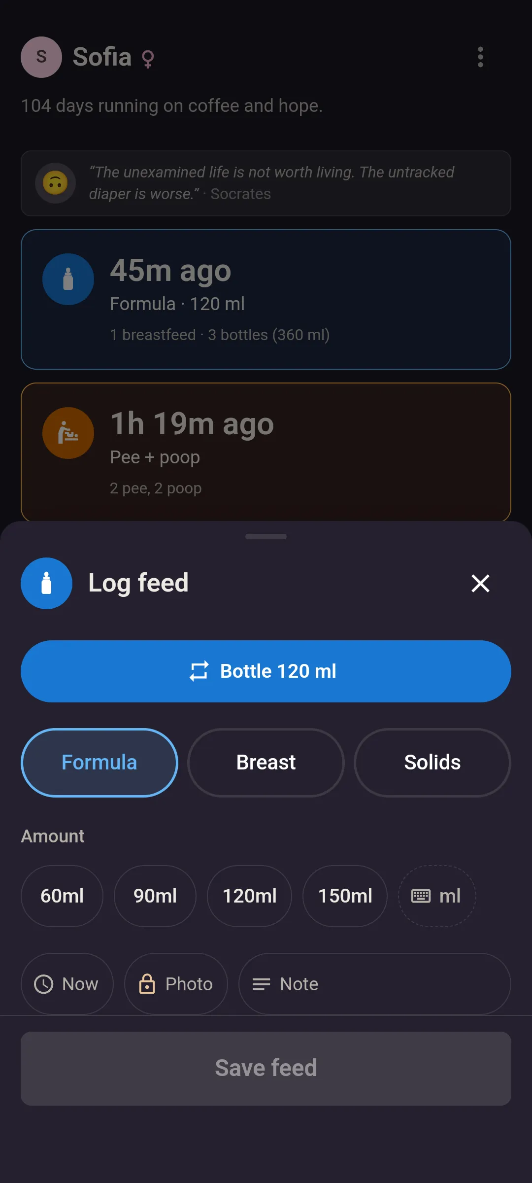 The one-handed Log feed screen over Today: a one-tap “Bottle 120 ml” repeat button, Formula, Breast and Solids toggles, amount buttons for 60, 90, 120 and 150 ml, a Now button to change the time, a padlocked Photo button, a Note button, and the Save feed button at the bottom.