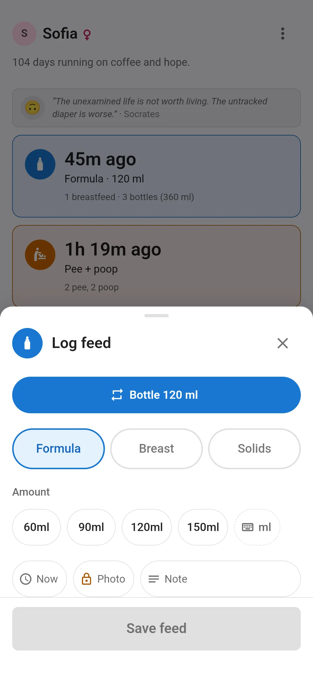 The one-handed Log feed screen over Today: a one-tap “Bottle 120 ml” repeat button, Formula, Breast and Solids toggles, amount buttons for 60, 90, 120 and 150 ml, a Now button to change the time, a padlocked Photo button, a Note button, and the Save feed button at the bottom.