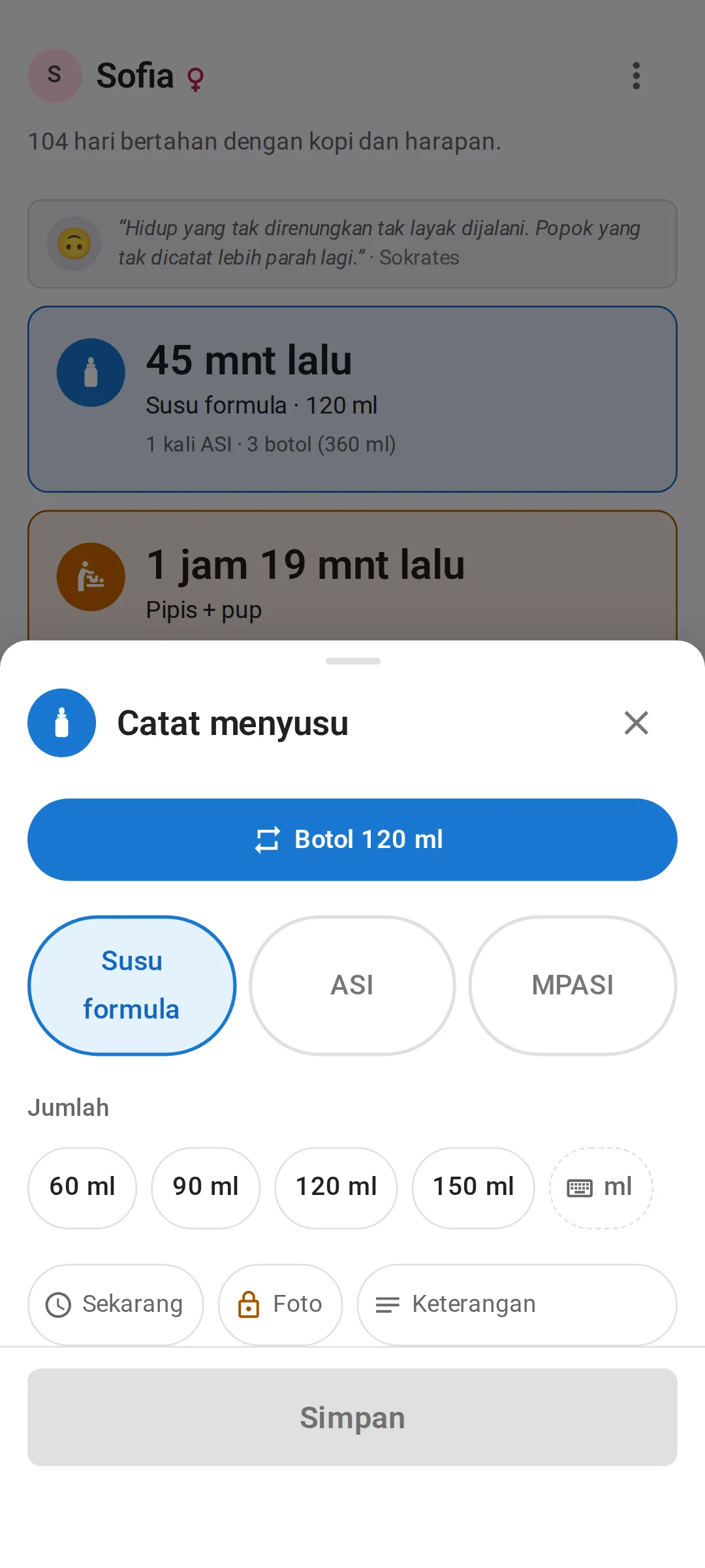 Lembar “Catat menyusu”: tombol ulang sekali ketuk “Botol 120 ml”, pilihan Susu formula, ASI, dan MPASI, serta pilihan jumlah 60, 90, 120, dan 150 ml.