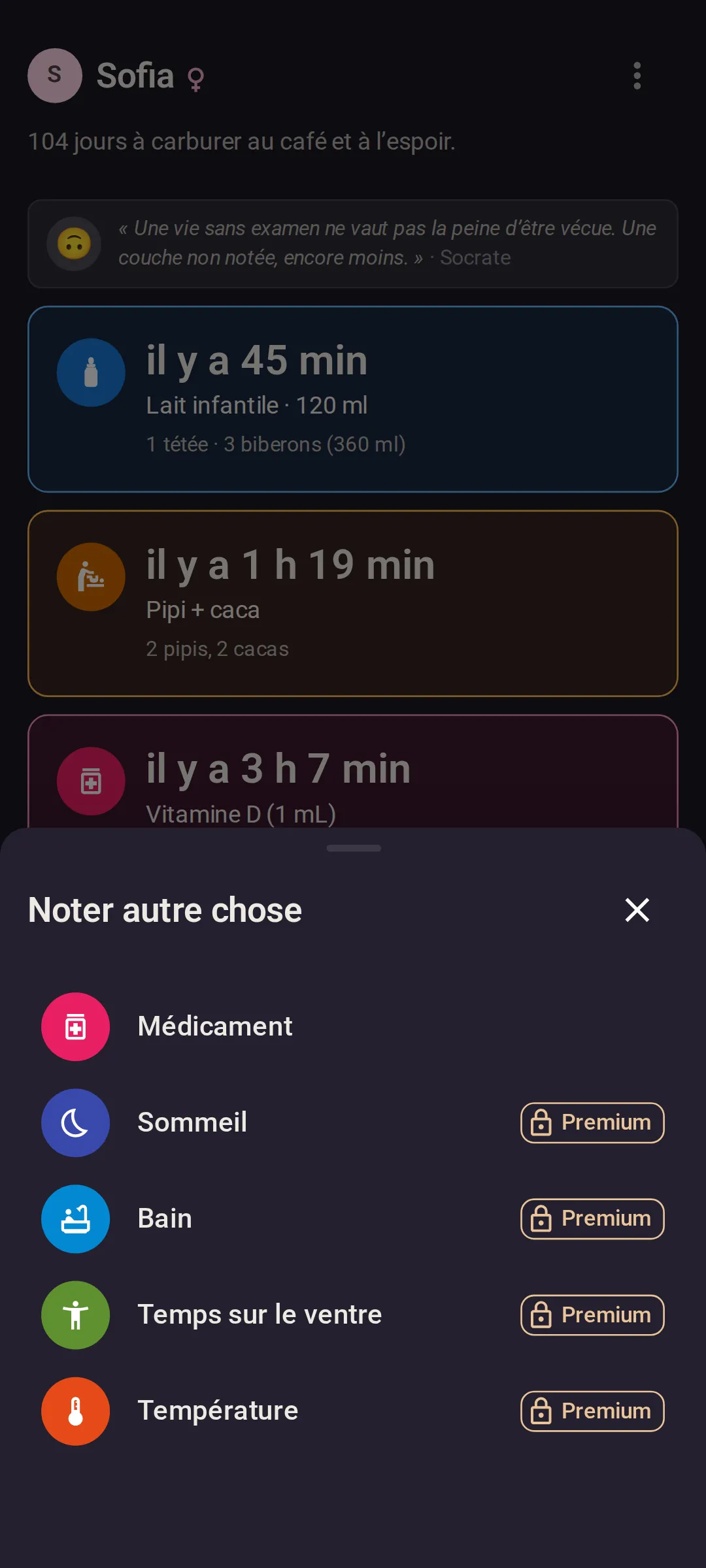 Le menu Noter autre chose sur l’écran Aujourd’hui : Médicament en premier, puis Sommeil, Bain, Temps sur le ventre et Température, ces quatre derniers avec une étiquette Premium et un cadenas avec l’offre gratuite.