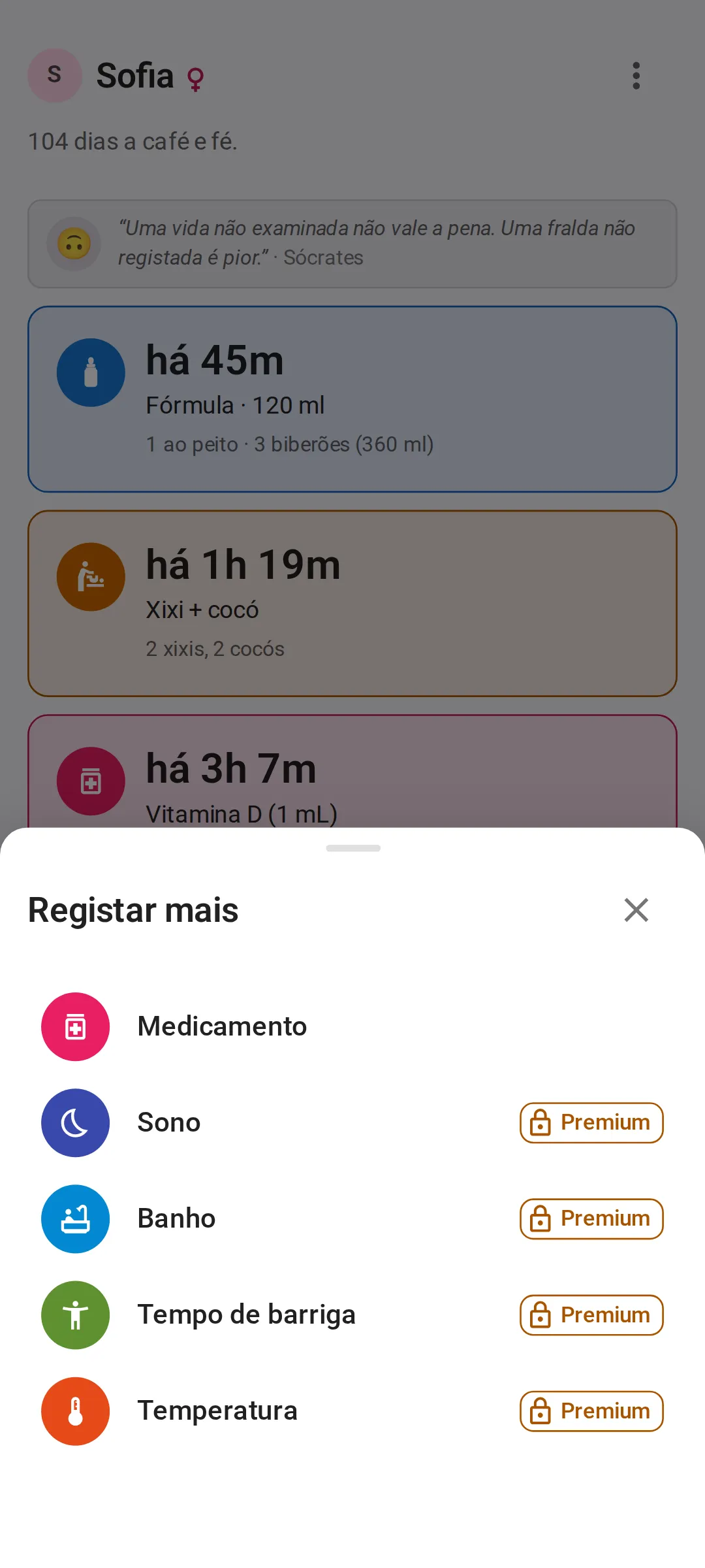O menu Registar mais sobre o ecrã Hoje: primeiro Medicamento, depois Sono, Banho, Tempo de barriga e Temperatura, estes quatro com uma etiqueta Premium e um cadeado no plano gratuito.