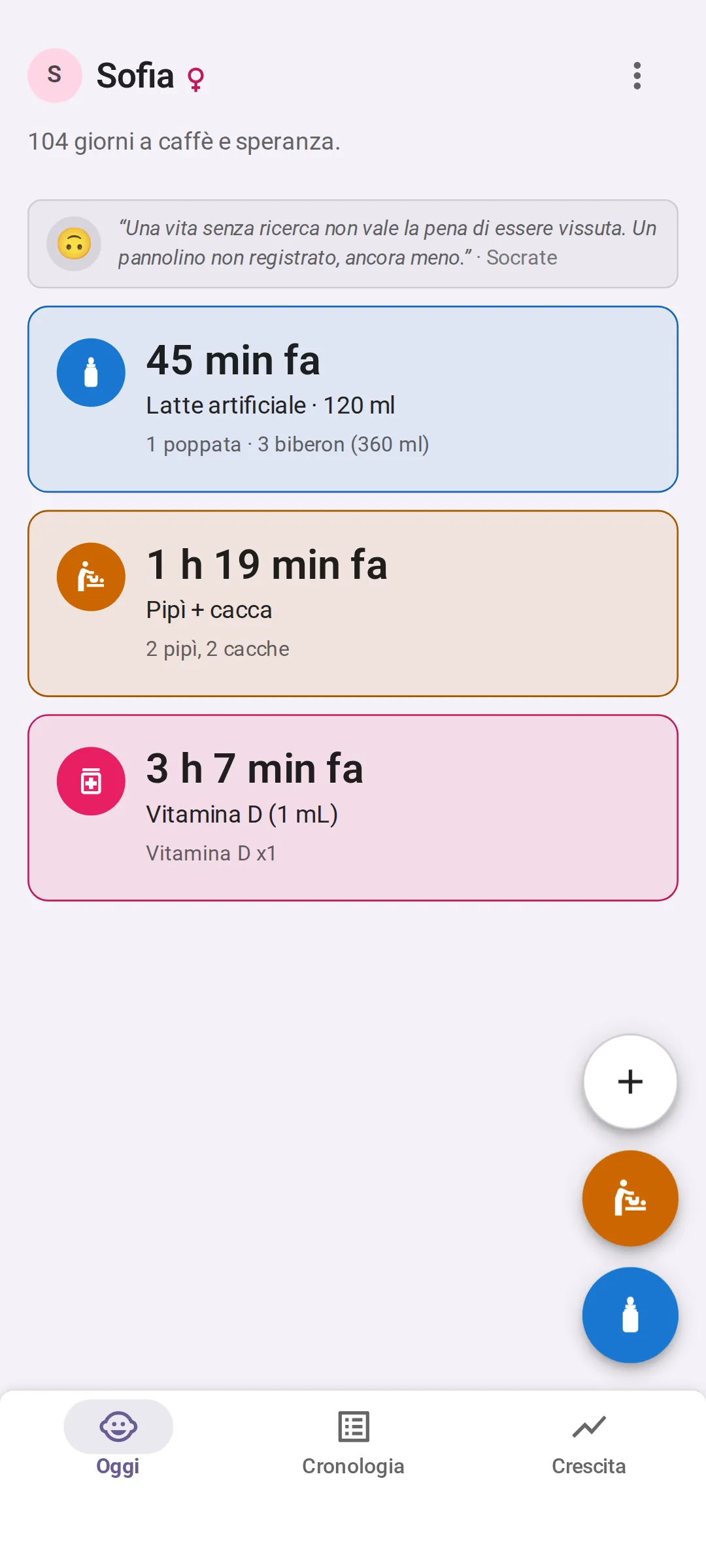 La schermata Oggi di Bundle of Joy: ultimo pasto 45 minuti fa, latte artificiale 120 ml, con i totali di oggi di un allattamento al seno e tre biberon; ultimo pannolino 1 ora e 19 minuti fa, pipì e cacca, due di ciascuna oggi; ultimo farmaco 3 ore e 7 minuti fa, vitamina D 1 mL.
