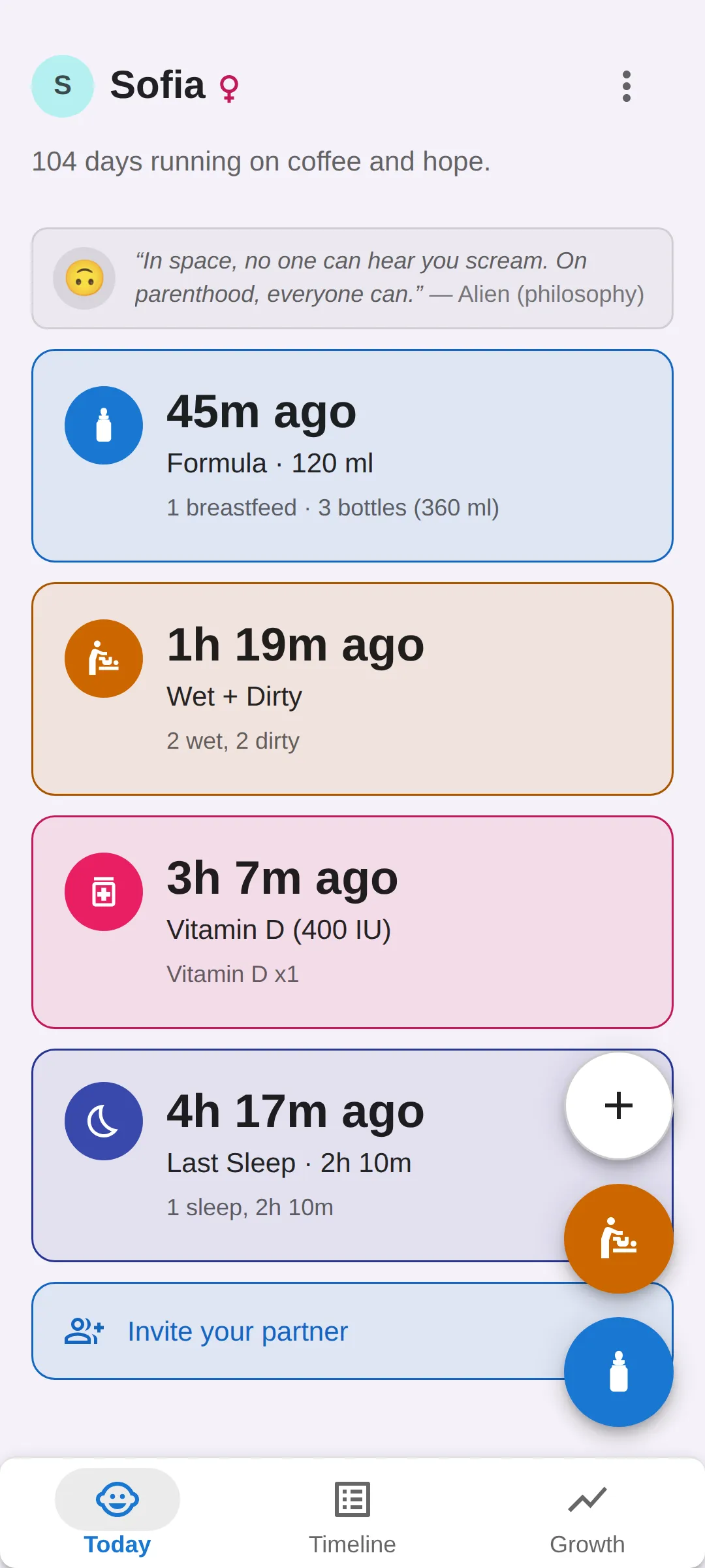 The Today screen of Bundle of Joy: last feed 45 minutes ago, formula 120 ml with the day’s totals; last diaper 1 hour 19 minutes ago, wet and dirty; last medicine 3 hours ago.