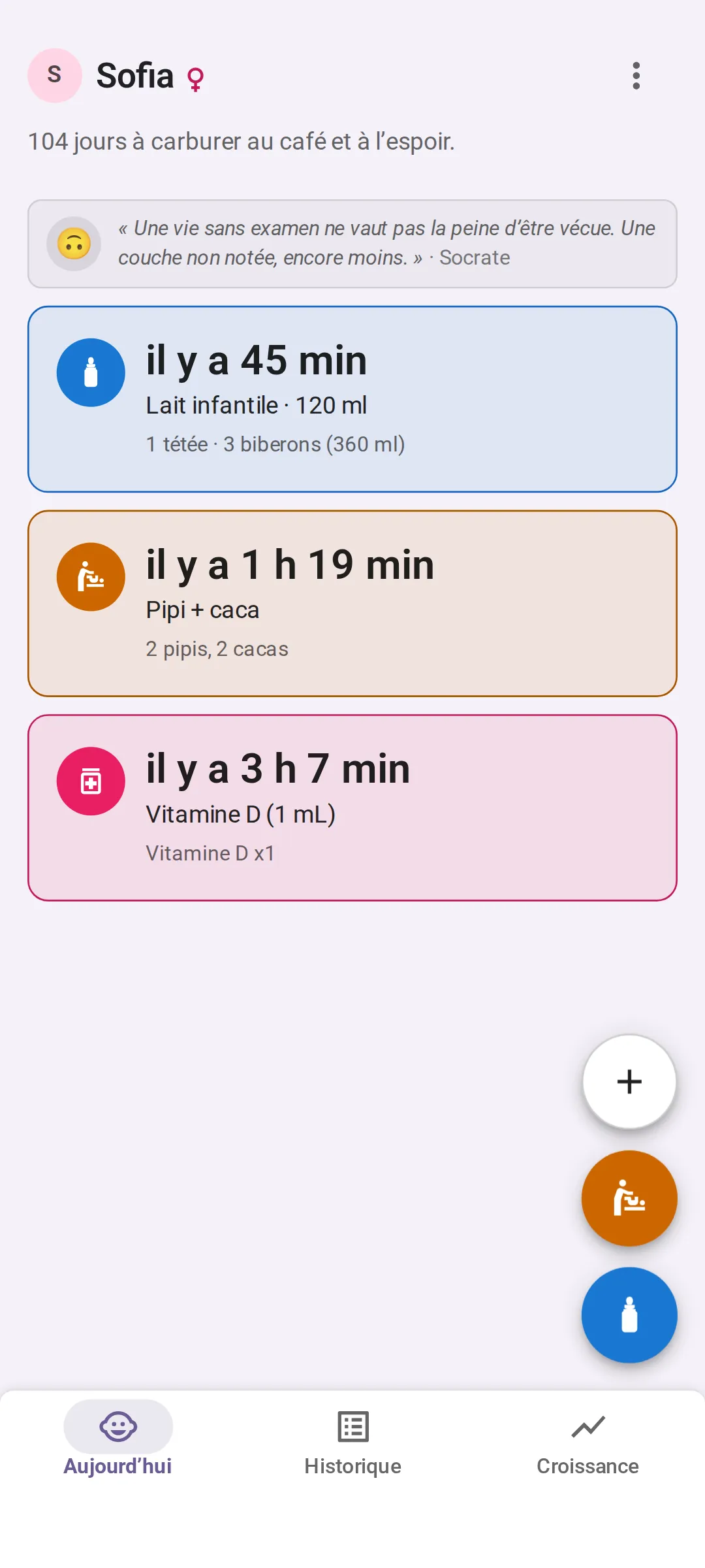 L’écran Aujourd’hui de Bundle of Joy : dernier repas il y a 45 minutes, lait infantile 120 ml, avec les totaux du jour, une tétée et trois biberons ; dernière couche il y a 1 heure 19 minutes, pipi et caca, deux de chaque aujourd’hui ; dernier médicament il y a 3 heures 7 minutes, vitamine D 1 mL.