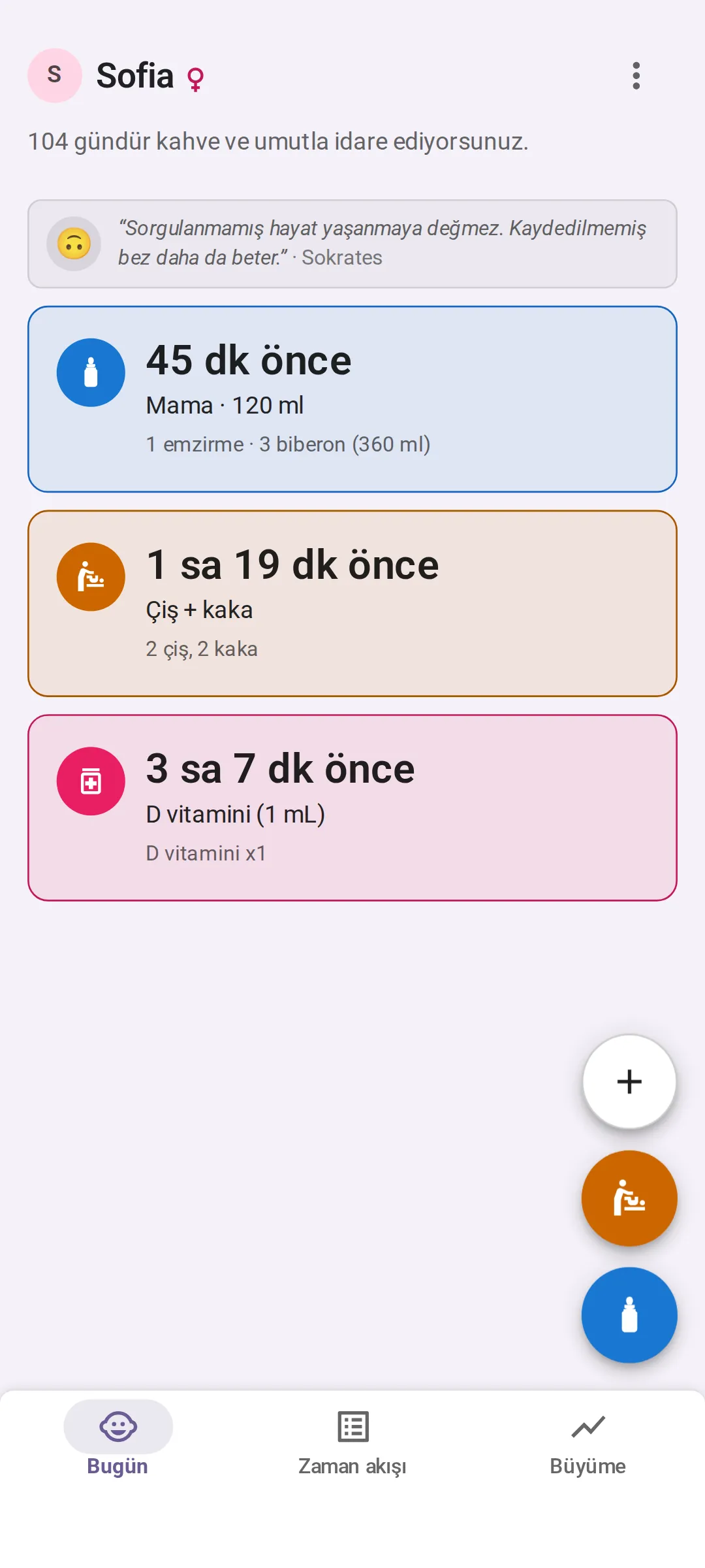 Bundle of Joy’un Bugün ekranı: son beslenme 45 dakika önce, mama 120 ml, bugünün toplamı bir emzirme ve üç biberon; son bez 1 saat 19 dakika önce, çiş ve kaka, bugün ikişer tane; son ilaç 3 saat 7 dakika önce, D vitamini 1 mL.