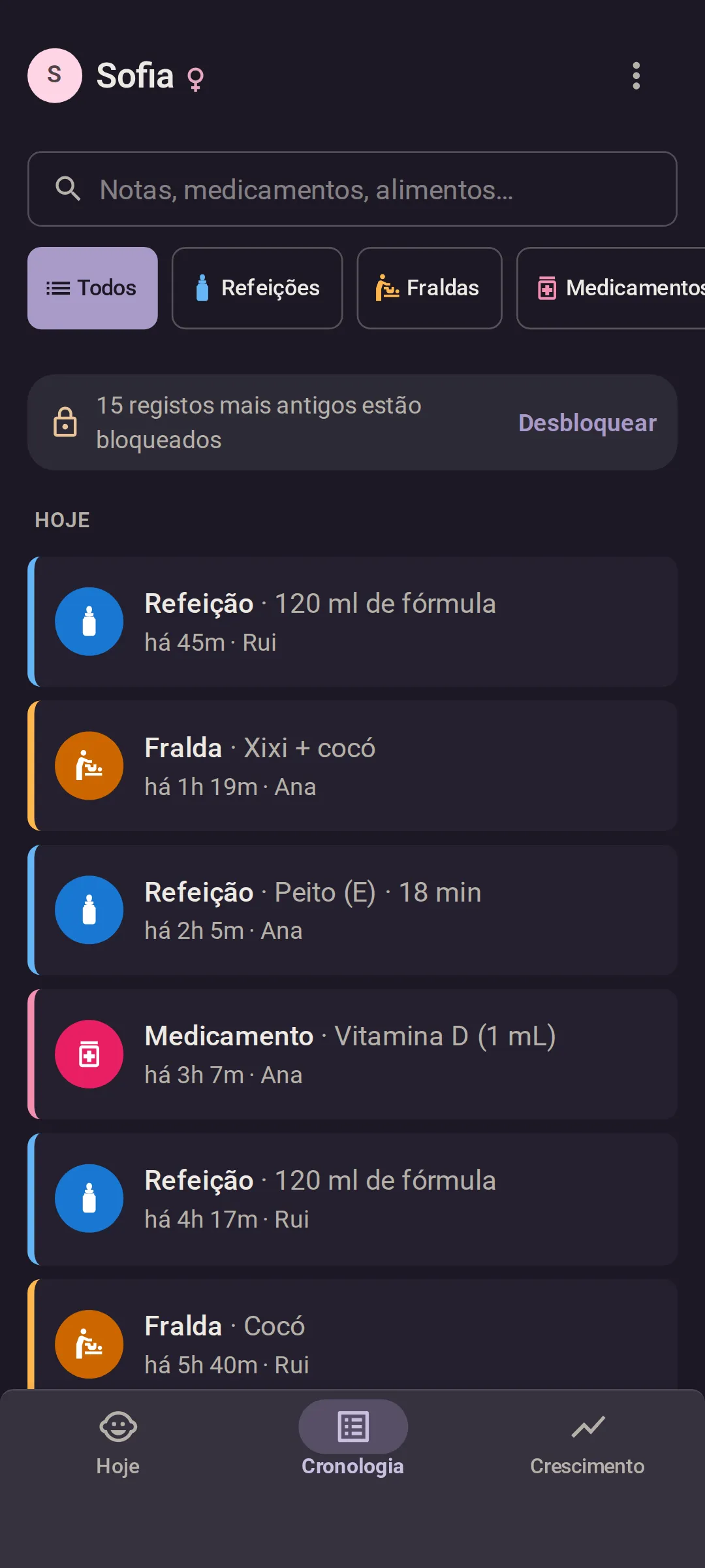 O telemóvel da Ana, em modo escuro: a Cronologia de hoje, do mais recente para o mais antigo, cada registo com o nome de quem o fez. Uma mamada de fórmula de 120 ml há 45 minutos, pelo Rui; uma fralda com xixi e cocó há 1 hora e 19 minutos, pela Ana; uma mamada ao peito de 18 minutos há 2 horas e 5 minutos, pela Ana; e vitamina D há 3 horas e 7 minutos, pela Ana.