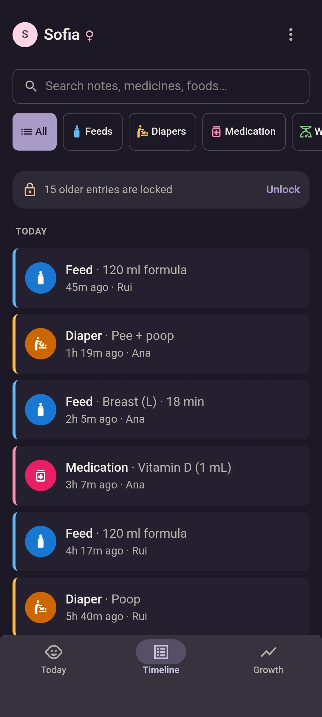 Today’s Timeline in Bundle of Joy, newest first, each entry signed by whoever logged it: a 120 ml formula feed 45 minutes ago by Rui, a pee and poop diaper 1 hour 19 minutes ago by Ana, an 18-minute breastfeed on the left side 2 hours 5 minutes ago by Ana, and vitamin D 3 hours 7 minutes ago by Ana.