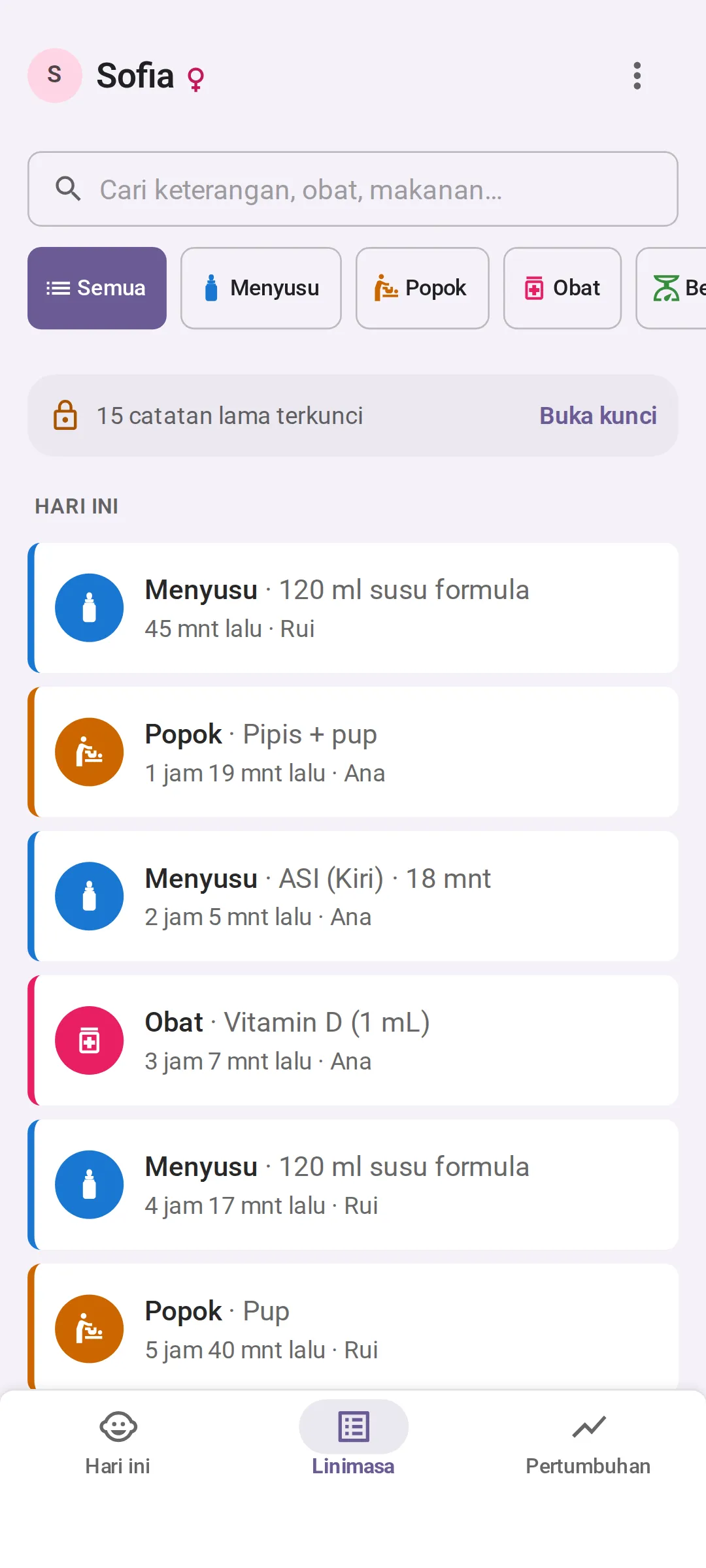 Linimasa hari ini di Bundle of Joy, yang terbaru di atas, setiap catatan bertanda nama pencatatnya: susu formula 120 ml 45 menit lalu oleh Rui, popok pipis dan pup 1 jam 19 menit lalu oleh Ana, menyusui 18 menit di sisi kiri 2 jam 5 menit lalu oleh Ana, dan vitamin D 3 jam 7 menit lalu oleh Ana.