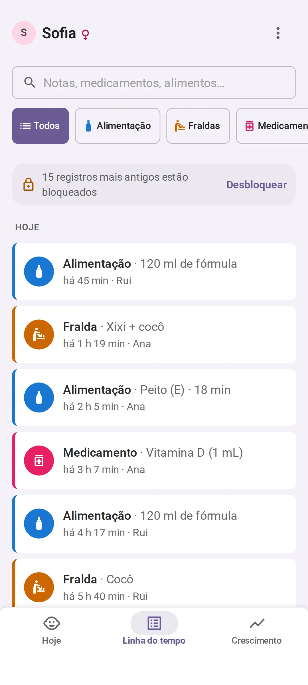 A Linha do tempo de hoje no Bundle of Joy, do mais recente para o mais antigo, cada registro assinado por quem fez: uma mamadeira de fórmula de 120 ml há 45 minutos, por Rui; uma fralda com xixi e cocô há 1 hora e 19 minutos, por Ana; uma mamada de 18 minutos no peito esquerdo há 2 horas e 5 minutos, por Ana; e vitamina D há 3 horas e 7 minutos, por Ana.