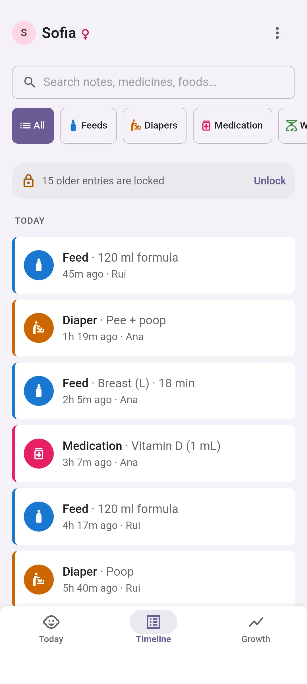 Today’s Timeline in Bundle of Joy, newest first, each entry signed by whoever logged it: a 120 ml formula feed 45 minutes ago by Rui, a pee and poop diaper 1 hour 19 minutes ago by Ana, an 18-minute breastfeed on the left side 2 hours 5 minutes ago by Ana, and vitamin D 3 hours 7 minutes ago by Ana.